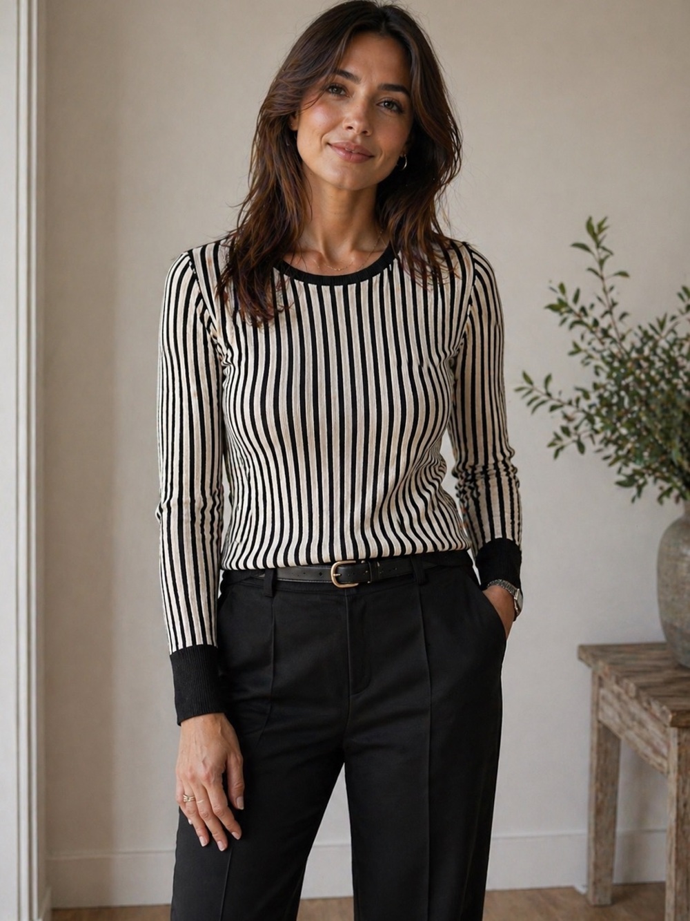 White House Black Market Black and Cream Vertical-Striped Long Sleeve Top
